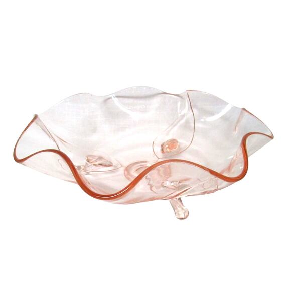 Artisan Molded Glass Bowl Pastel Pink with Gold Rim and Three Feet - Picture 2 of 4